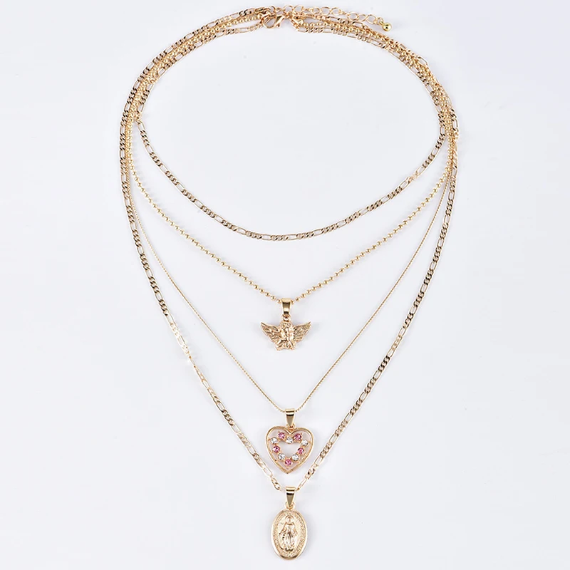 Модное ожерелье s Boho Ретро кристаллы в форме сердца медальон Дева Мария Крылья ангела золотое ожерелье женские очаровательные ювелирные аксессуары