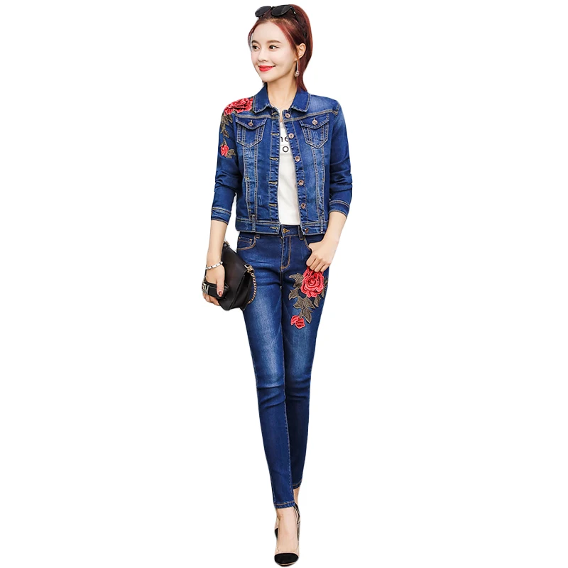 

Women Set 2019 Fashion Autumn Winter Embroidery Slim Denim Jacket Jeans Women Pants Suit Female Casual Two-piece Sets WS164