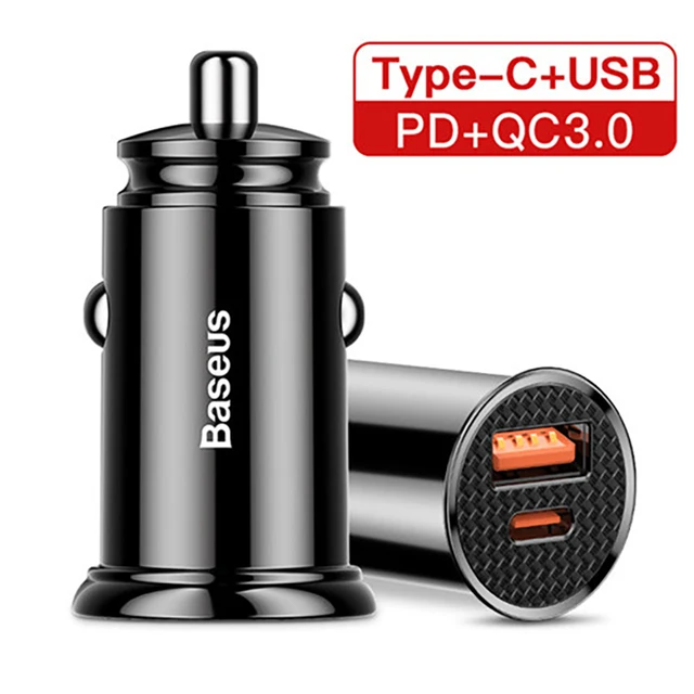 Baseus 30W Car Fast Charger Quick Charge 4.0 3.0 USB Type-C Fast Charging Car Phone Charger For Huawei Xiaomi iPhone 12 Black 1USB 1Type