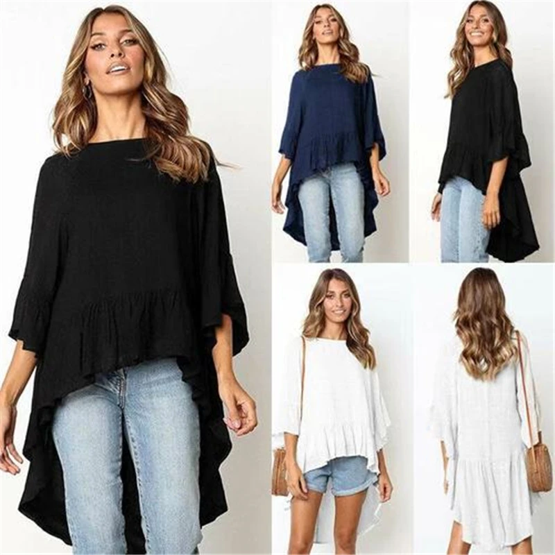

Women Spring Autumn Ruffle Shirt Three Quarter Sleeve Solid Color Pullover Blouse Loose Baggy Casual Tunic Irregular Top
