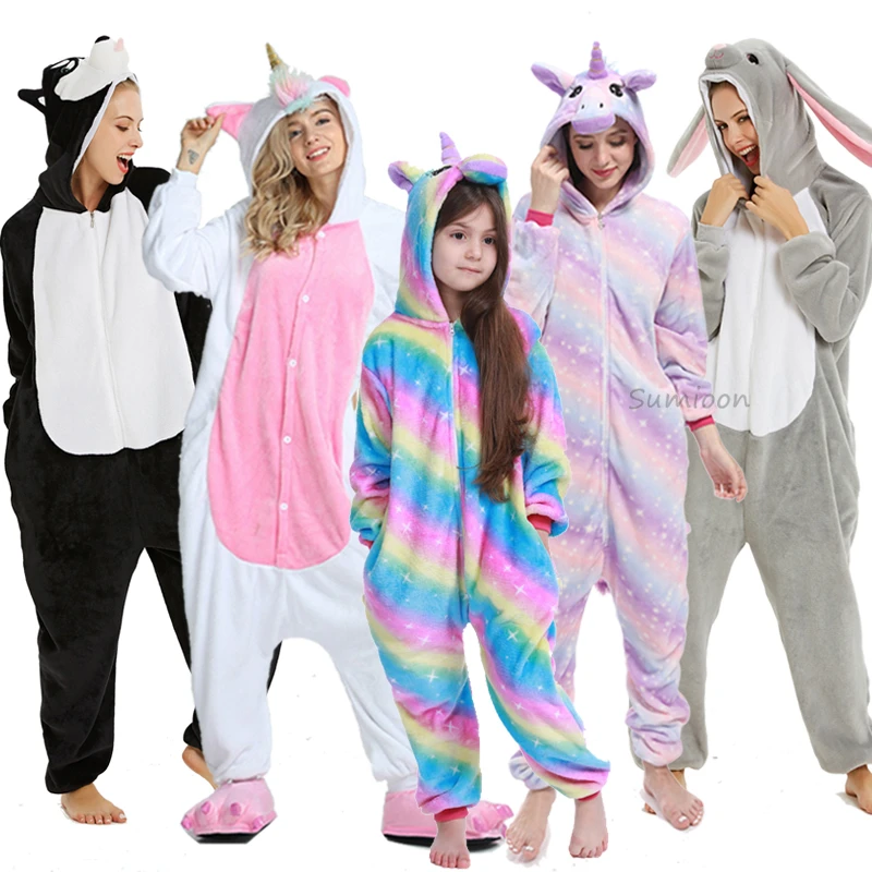 Tier Einhorn Overall Kinder Mädchen Kapuze Nachtwäsche Warm Pyjamas Jumpsuit