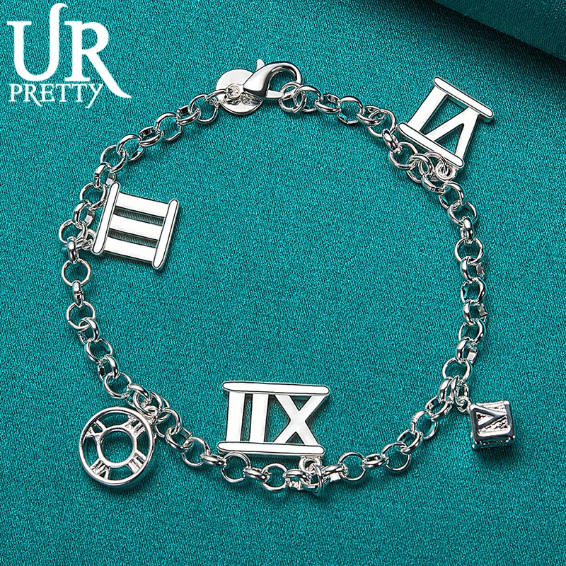

URPRETTY 925 Sterling Silver Roman Numerals Chain Bracelet For Women Wedding Engagement Charm Jewelry