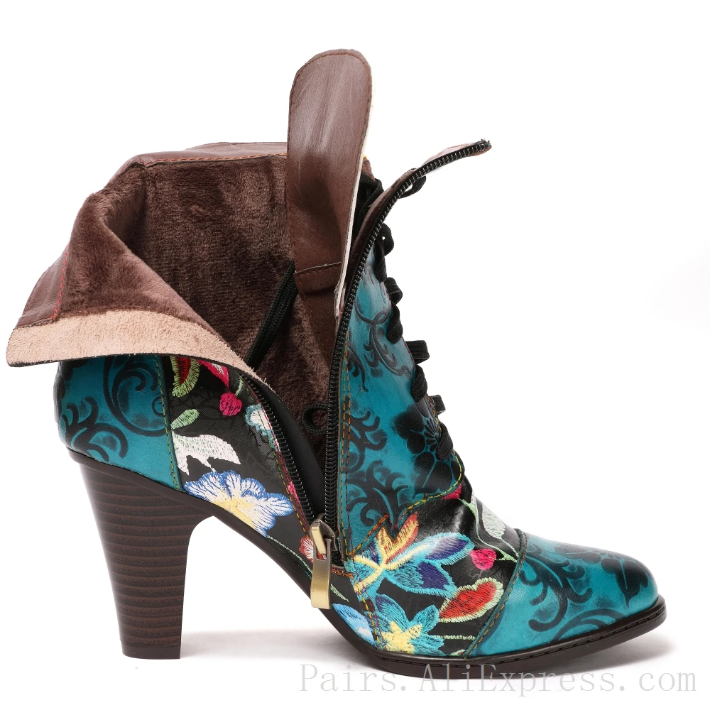 Botas de tacón alto de diseño de lujo para mujer, zapatos Retro floreados  de cuero Real, calzado para Festival de otoño e invierno, talla grande 42 -  AliExpress Calzado