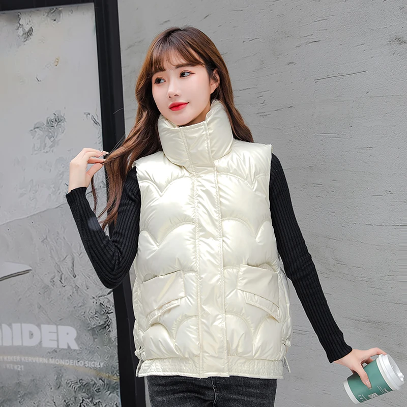 Autumn Winter Women's Casual Vest Stand Collar Bright Cotton Padded Waistcoat for Female  Glossy Sleeveless Puffer Vest womens parka