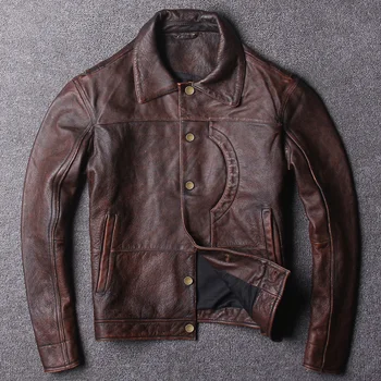 

DHL Free shipping. new handsome style clothing mens casual red vintage leather Jacket,man fashion genuine Leather jacket.