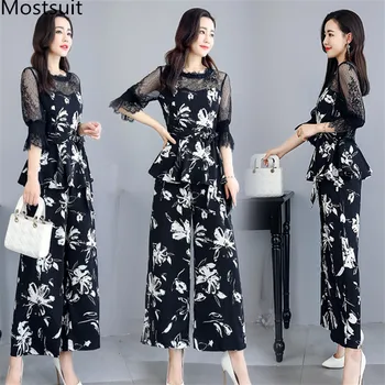 

2020 Summer Printed Office Two Piece Sets Outfits Women Lace Patchwork Tops + Wide Leg Pants Suits Fashion Elegant Female Sets