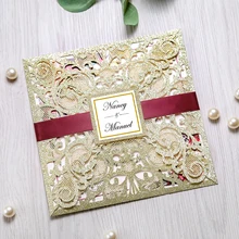 50 шт Заказные квадратные блестящие золотые свадебные приглашения с лазерной гравировкой и конвертом для свадьбы, вечерние