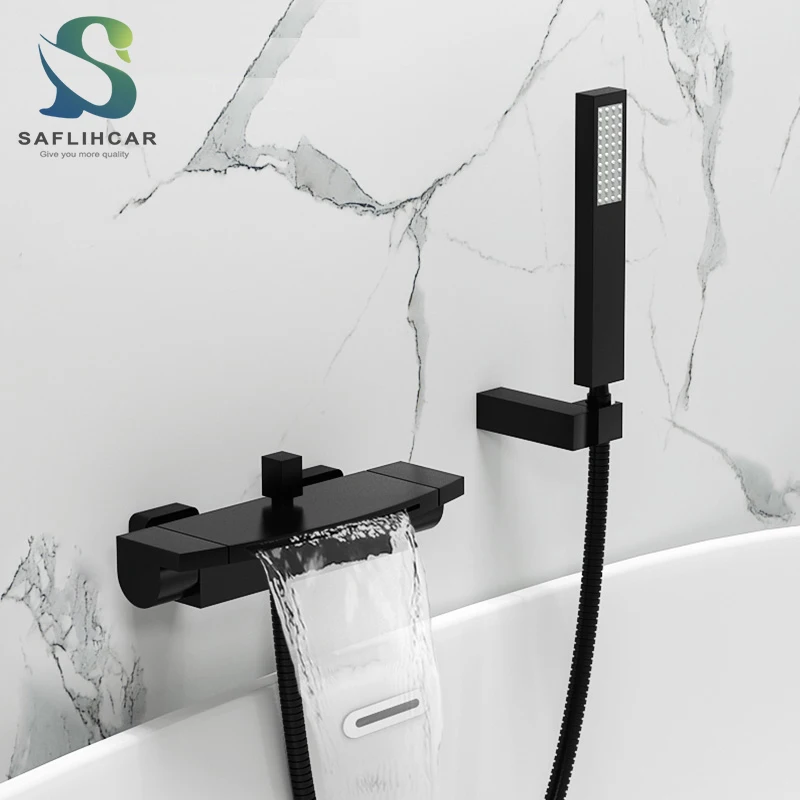 Matte Black Waterfall Spout ก๊อกน้ําอ่างอาบน้ําร้อนและเย็นก๊อกน้ําก๊อกน้ําห้องน้ําติดผนังอ่างอาบน้ําผสมก๊อก 1