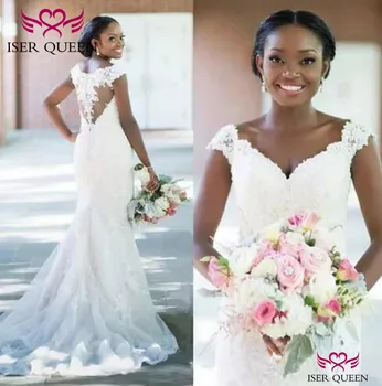 

Cap Sleeves V-neck Embroidered Lace on Net Illusion Mermaid Wedding Dresses Button Pure White Vestido De Novia W0399