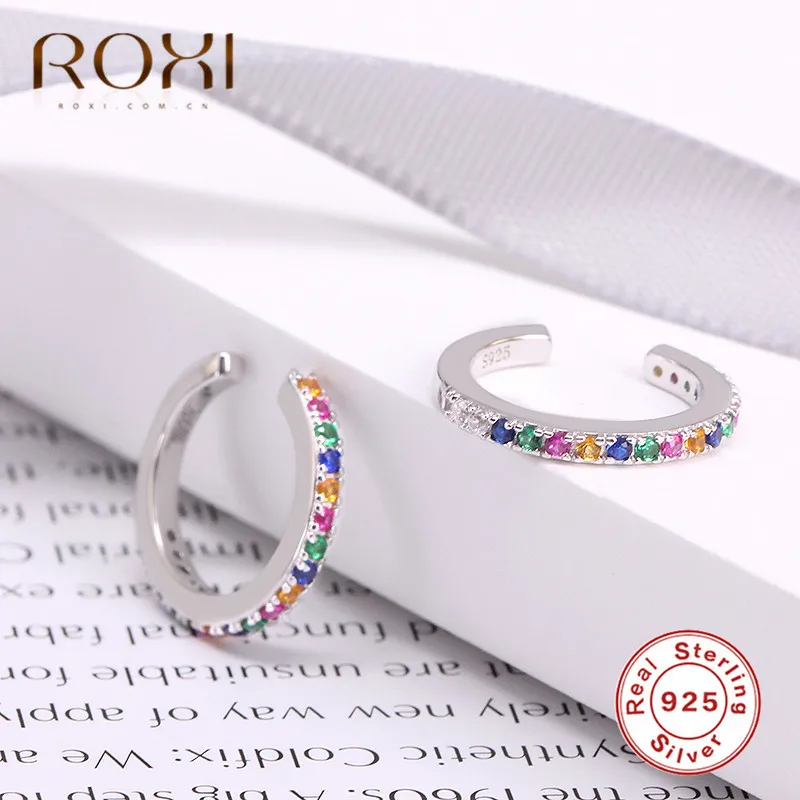 ROXI 925 пробы Серебряная Ушная манжета, не пирсинг, серьги, форма C, Радужный кристалл, клипсы, серьги для женщин, модное ювелирное изделие, серьги-манжеты