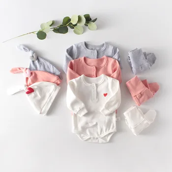 

3PCS Baby Rompers with Hat and Stocking Toddler Spring Long Sleeve Pink Beige Gray Romper Newborn Casual Clothes for 6-24M