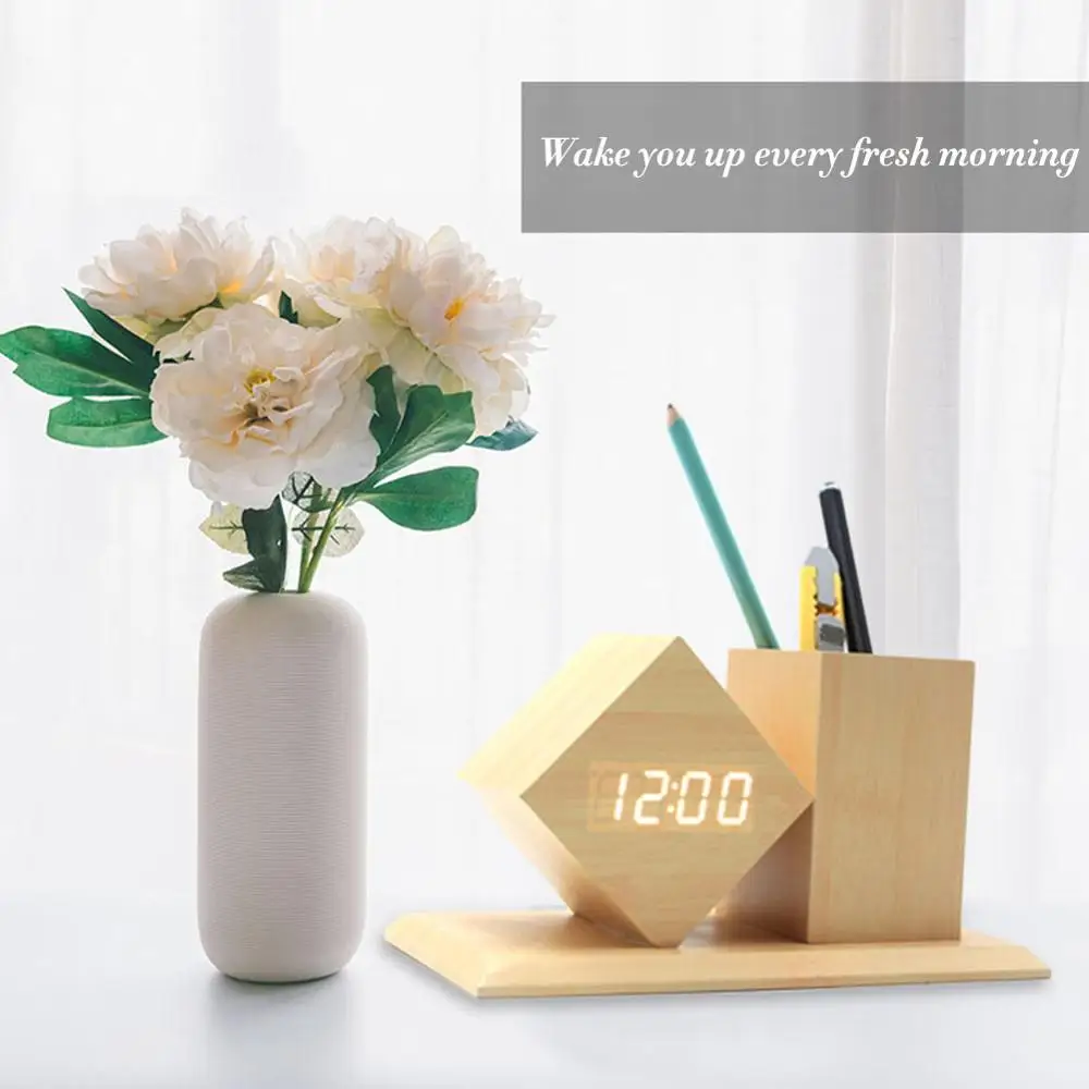 

Led Wooden Alarm Clock New Creative Pen Holder And Sound Control Mute Led Wood Clock Study Room Electronic Gift Fashion Horloge