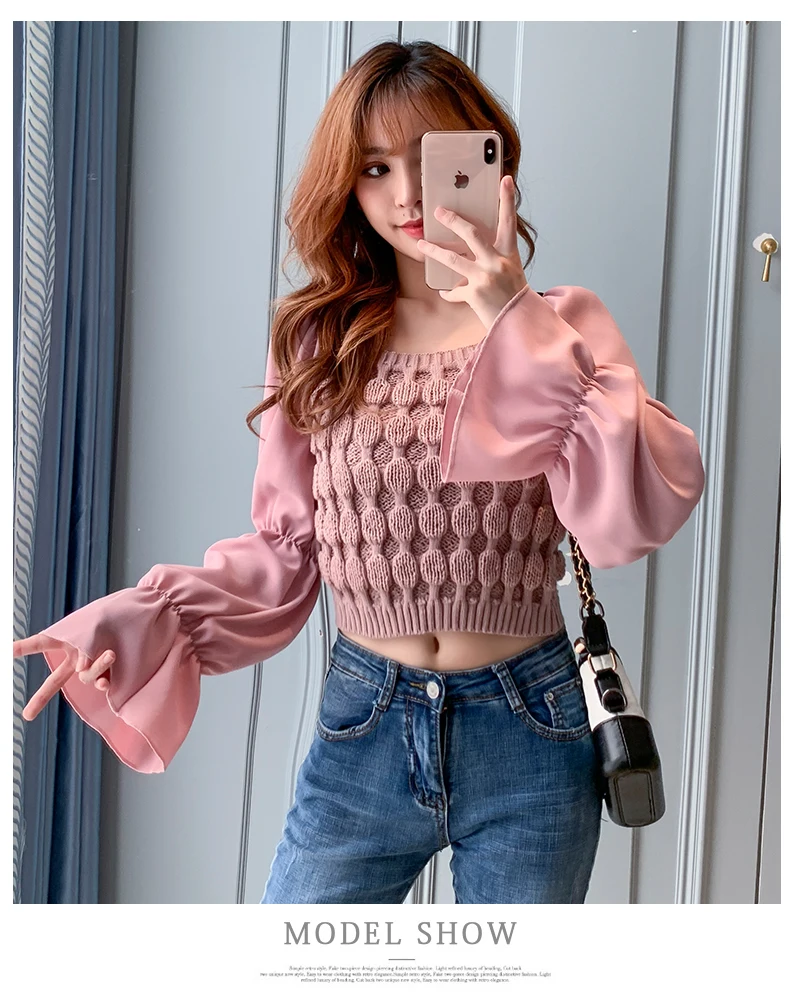 春秋の新長袖クロップトップ女性の韓国のファッションニットステッチセクシーなかわいいシフォンブラウスシャツ Blouses Shirts Aliexpress