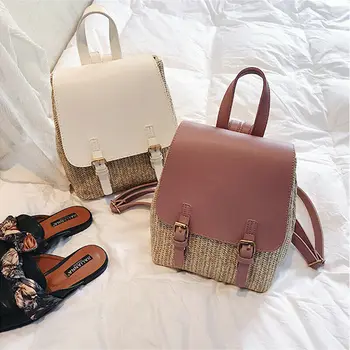 

2020 Hot Women Beach Leather Straw PU Woven Backpack Solid Rucksack Fashion Travel Shoulder Bag School Bag 4 colors