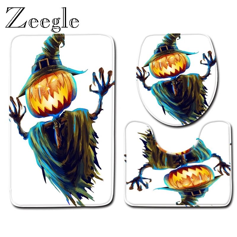 Zeegle Helloween Bath Mat Set Soft Toilet Seat Cover Mat Anti Slip Bathroom Shower Mat Toilet Pedestal Rug Flannel Toilet Set