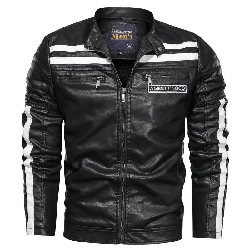 

KIMSERE Men's Faux Leather Motorcycle Jackets Winter Warm PU Biker Jacket Outerwear For Male Stand Collar Size L-XXXL