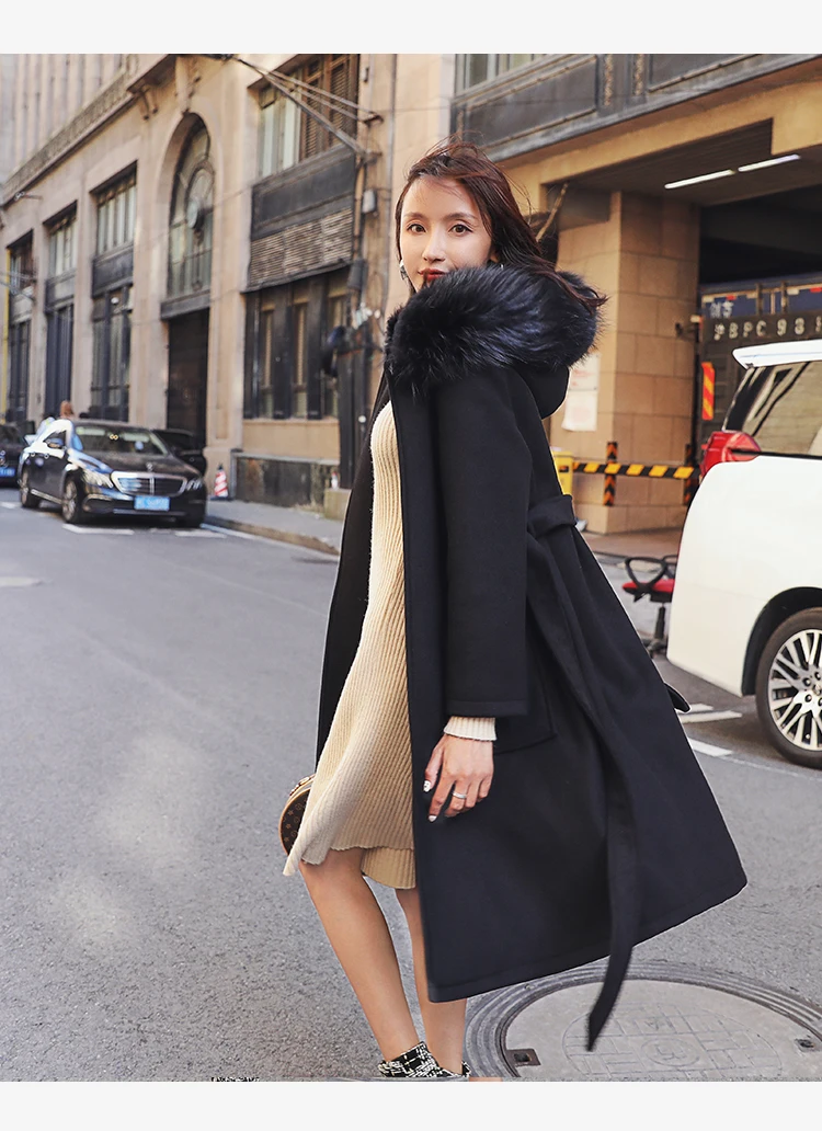 Повседневное длинное шерстяное пальто женское зимнее черное теплое Женское пальто с меховым капюшоном корейское женское модное пальто