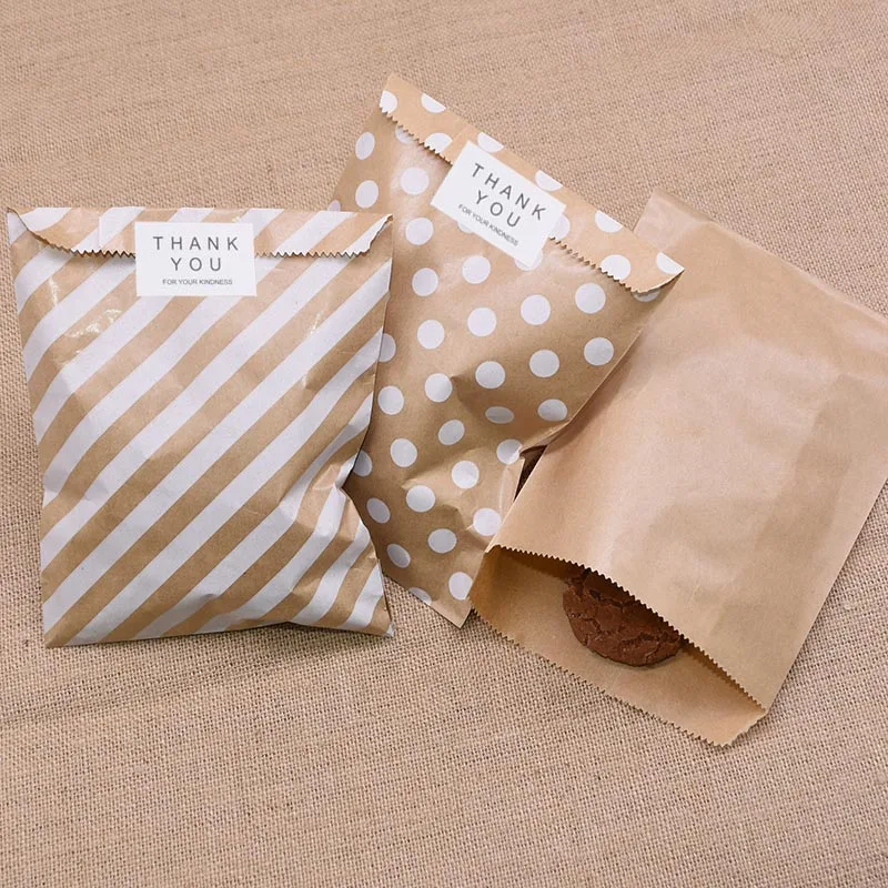 13*18cm Kraft Paper Cookie Bag Dot Stripe Candy Bag Dessert Snack Popcorn Nut Baking Package Wrapping Bag Gift Decor Supplies