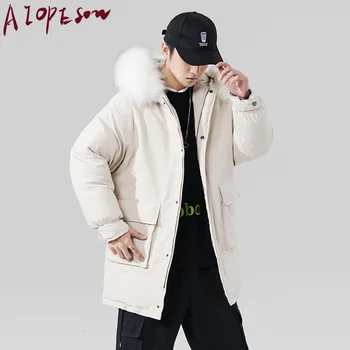 

AIOPESON 2020 New Fur Collar Hooded Men's Coat Casual Solid Color Mid-length Warm Men Coats Fashion Winter Coat Men