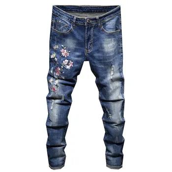 

Fashion Jeans Men Floral Embroidery Bleached Denim Slim Casual Pencil Pants Hole Full Length The Four Seasons Cowboy Male Wild
