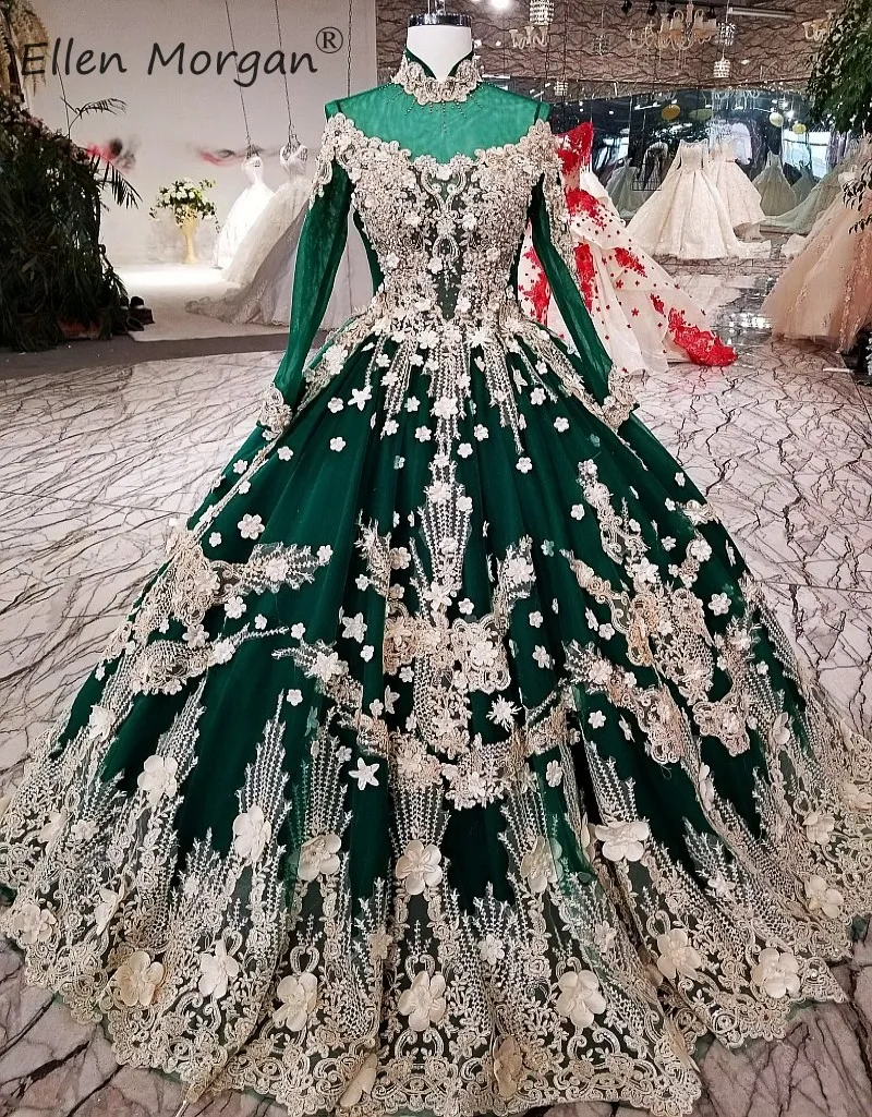 Винтажное свадебное платье в мусульманском стиле с длинным рукавом, кружевное бальное платье для женщин, элегантное, с высоким воротом, на шнуровке, темно-зеленые свадебные платья