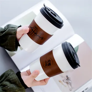 

White Ceramic Mug With Leather Cup Sleeve Milk Coffee Tea Cup Creative Letter Flower Pattern Travel Mug Portable Drinkware 450ML