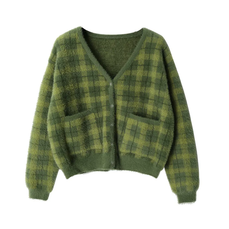 Green Plaid Cardigan Fuzzy Knit Front 