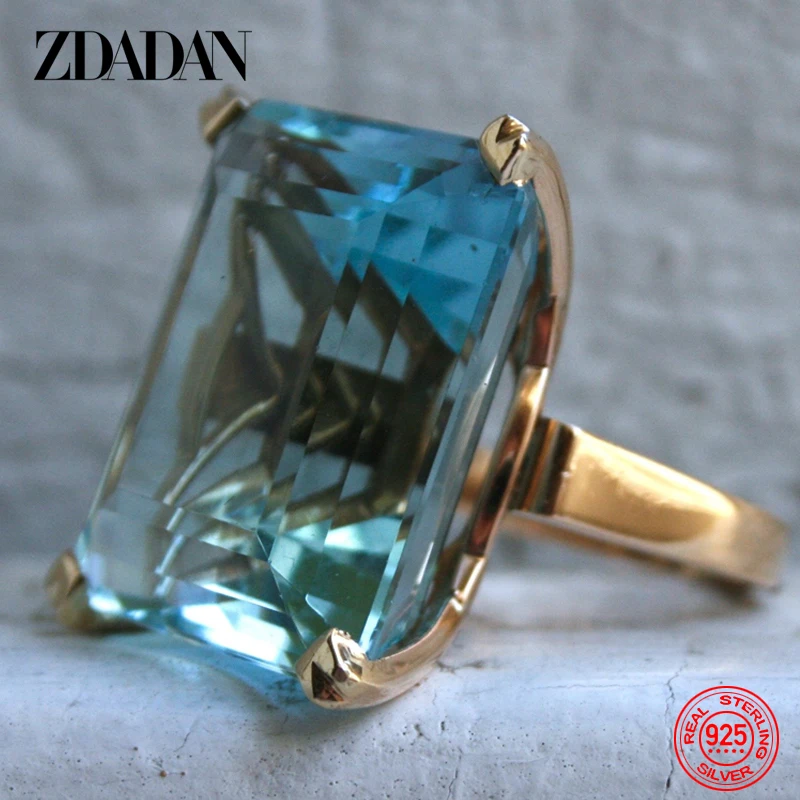 ZDADAN 925 Sterling Silver Aquamarine Gemstone Ring For Women Fashion Party Jewelry Gifts
