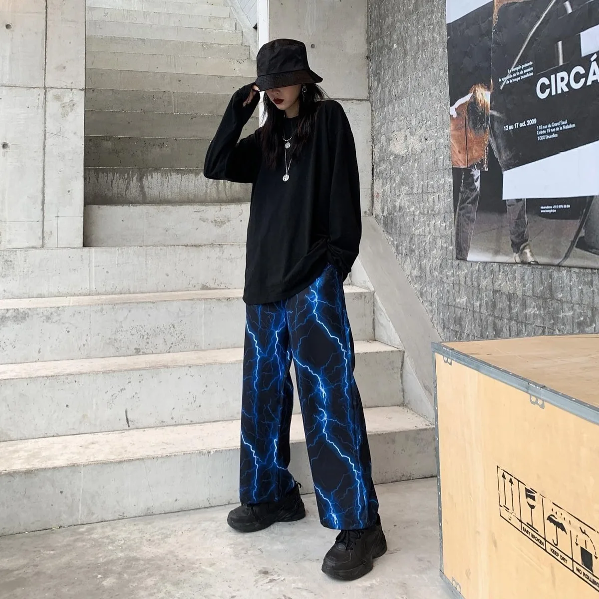 Summer ins super fire lightning printing Harajuku bf wind high street wide leg pants straight casual trousers men and women tide