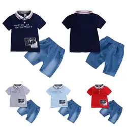 Детская одежда для мальчиков, летняя одежда для мальчиков, хлопковая Футболка с буквенным принтом для отдыха, топы + джинсовые шорты для