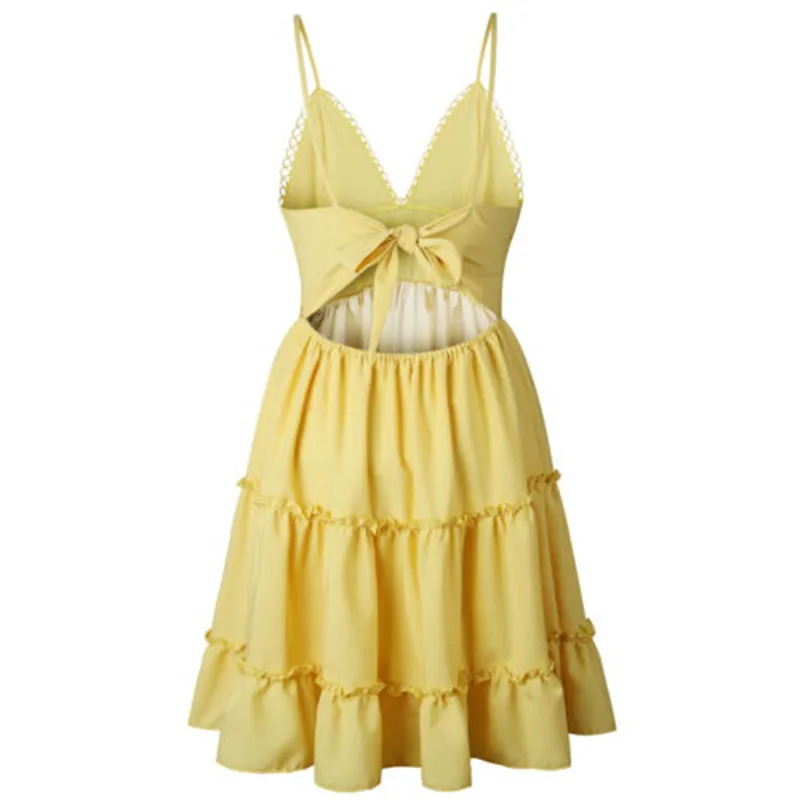 Summer Women Summer Dress Sexy Bow Backless V-neck Mini Beach Dresses Sleeveless Mini Ruffle White Summer Beach Dress