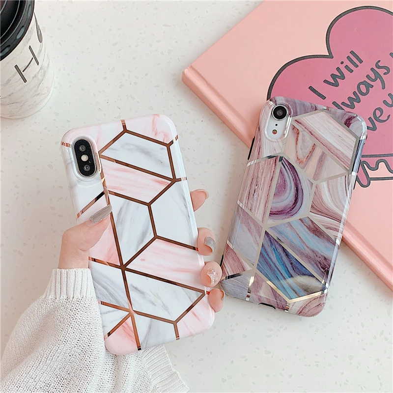 

ottwn Marble Texture Geometric Phone Case For iPhone X XR XS Max 7 8 6 6S Plus Splice Cases Soft IMD Silicone Back Cover Coque