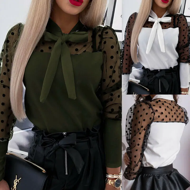 Fashion Womens Mesh Long Puff Sleeve Polka Dot Printed Bow knot Blouse Shirts Fashion Womens Mesh Long Puff Sleeve Polka Dot Printed Bow knot Blouse Shirts
