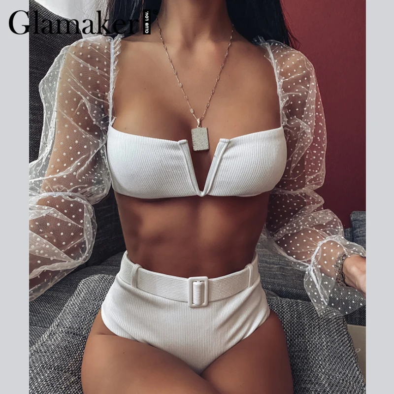 Glamaker женский бикини с длинным рукавом высокая талия купальный костюм сетчатый