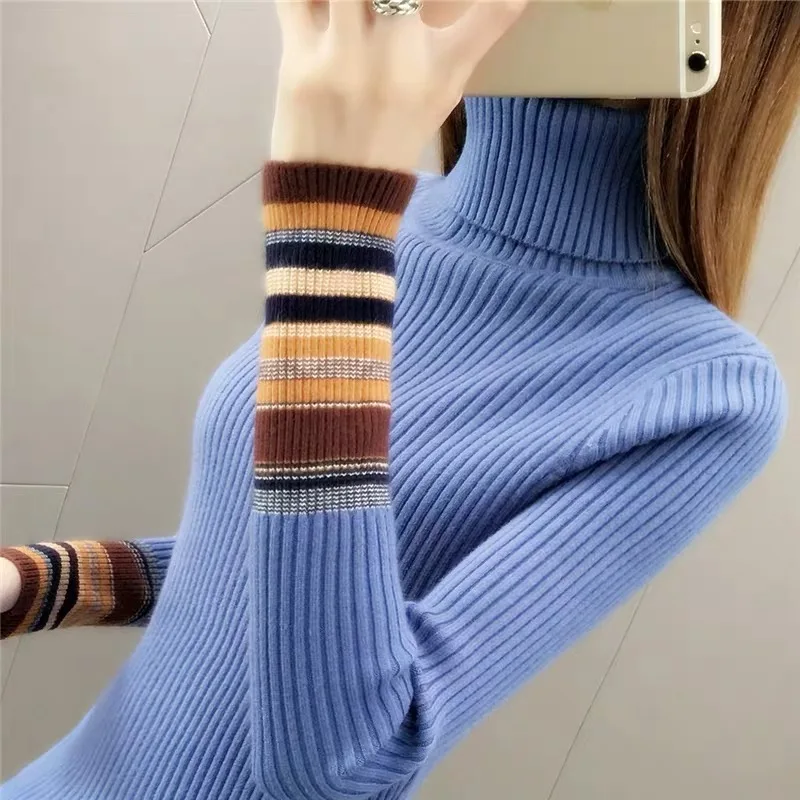 Кашемировый свитер, Женский Повседневный шерстяной пуловер с длинными рукавами и высоким воротом, зимние женские вязаные топы - Цвет: Синий