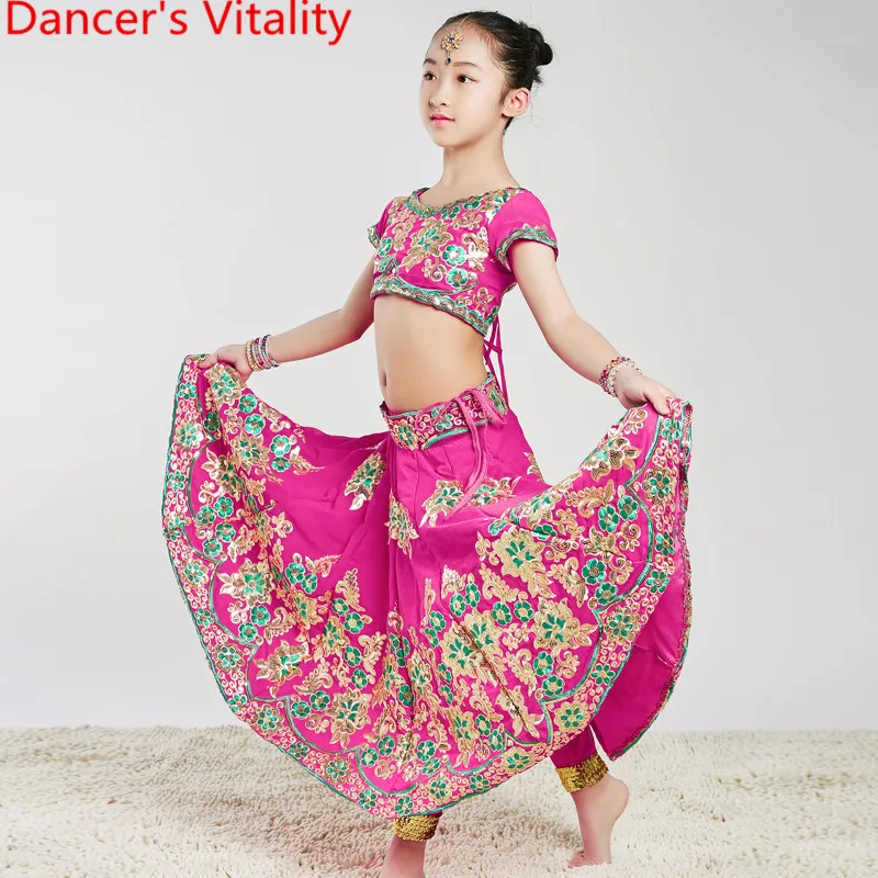 

Girls Indian Hot Pink Embroidered Sequin Top Skirt Veil Pants Oriental Belly Dance Wear Performance Costume Luxirious Stage Suit