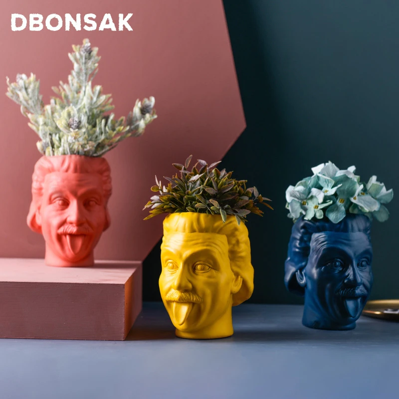 Einstein Avatar Vase Human Head Vase Portrait Flower Pot Pen Holder Storage Tank Flower Arrangement Scientist Statue Ornament