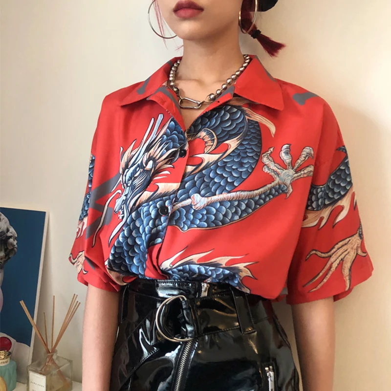 2021 Summer Spring Women Blouses BF style oversized shirts Harajuku Tops Dragon Printing Short Sleeve Shirts Female Streetwear