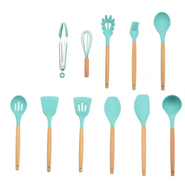 Mint GREEN 11PCS 9/10/12 шт. силиконовых кейсов Пособия по кулинарии набор посуды с антипригарным покрытием шпатель лопата с деревянной ручкой Пособия по кулинарии Набор инструментов с ящиком для хранения Кухня инструменты - Цвет: Mint GREEN 11PCS