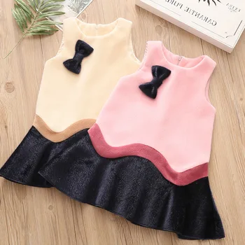 

2019 Winter Autumn 3-10 12 Years Child Cute Sweet Bow Patchwork Sundress Kids Baby Girls Winter Warm Thickening Sleeveless Dress