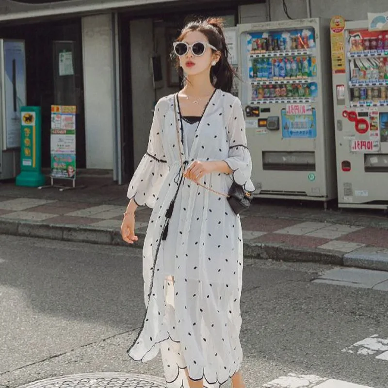 

Photo Shoot CHIC Sweet Covered Edge Petal Sleeve Polka Dot Cardigan Strapped Dress Two-Piece Set INS Lace-up Waist Hugging Dress