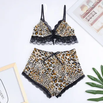 

pyjama femme New Women Sexy Style Lace Stitching Bow Lingerie Leopard Print Pajamas Camisole Set Sleepwear пижама с шортами