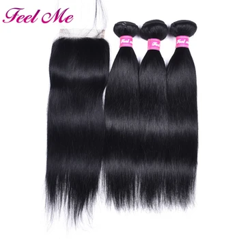

FEEL ME Peruvian Jet Black Human Hair 3 Bundles With Closure 4pc/lot Straight Human Hair Sew in Non-remy Hair Extension