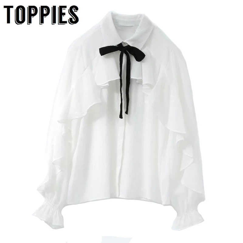 

White Chiffon Blouse Tops See Through Tops Lolita Ruffles Bow Shirts Fall 2019 Long Sleeve Gothic Shirts
