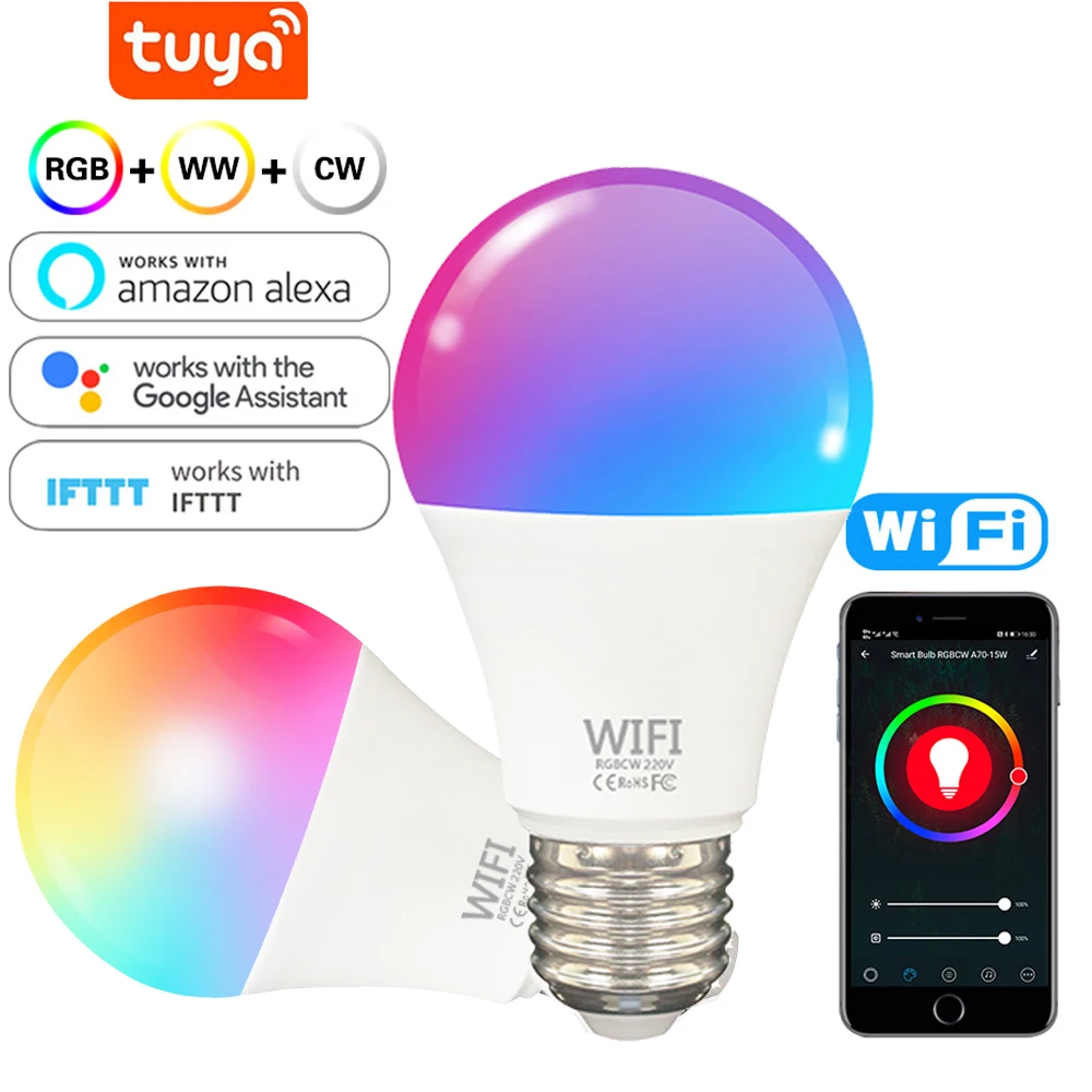 Wi-Fi умная Светодиодная лампа E27 Tuya Smart Bulb интеллектуальная Wifi Лампа 220V Led RGBCW