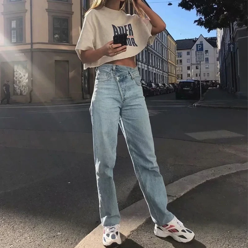 Jeans da donna asimmetrici a mosca con chiusura a bottone Jeans a gamba  dritta a vita divisa - AliExpress Women's Clothing