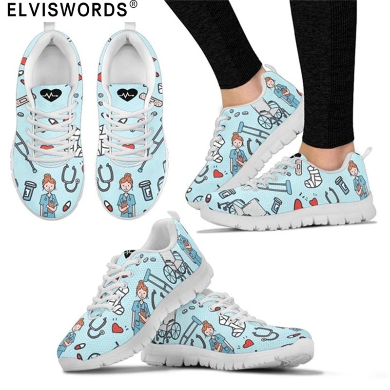 

ELVISWORDS Nursing Sneakers Medical Nurse Shoes Orthopedics Equipment Printing Flats Summer Breathable Women Mesh Walking Shoes