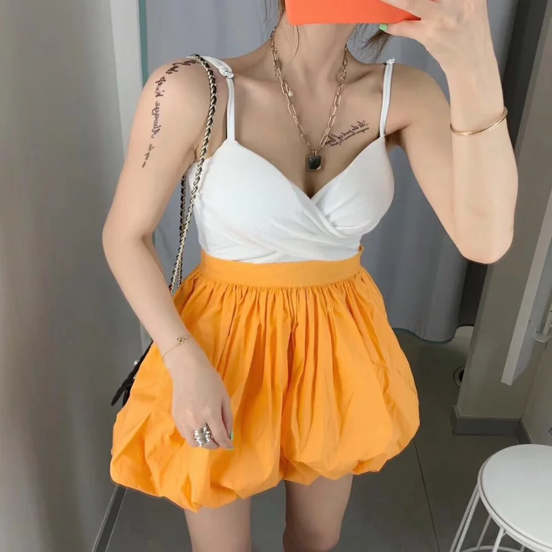 Летняя Новинка года; модная юбка средней длины с завышенной талией; Яркая юбка-фонарик со складками в виде тыквы; цвет черный, оранжевый, зеленый