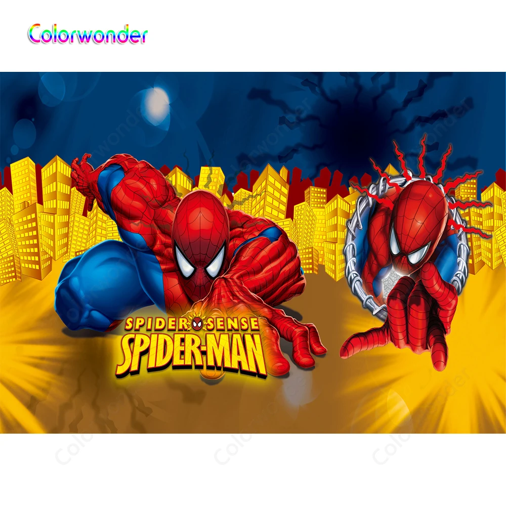 漫画のスーパーヒーロー写真撮影クモセンススパイダーマン青背景ゴールデン街で町の背景子供の誕生日パーティー Background Aliexpress