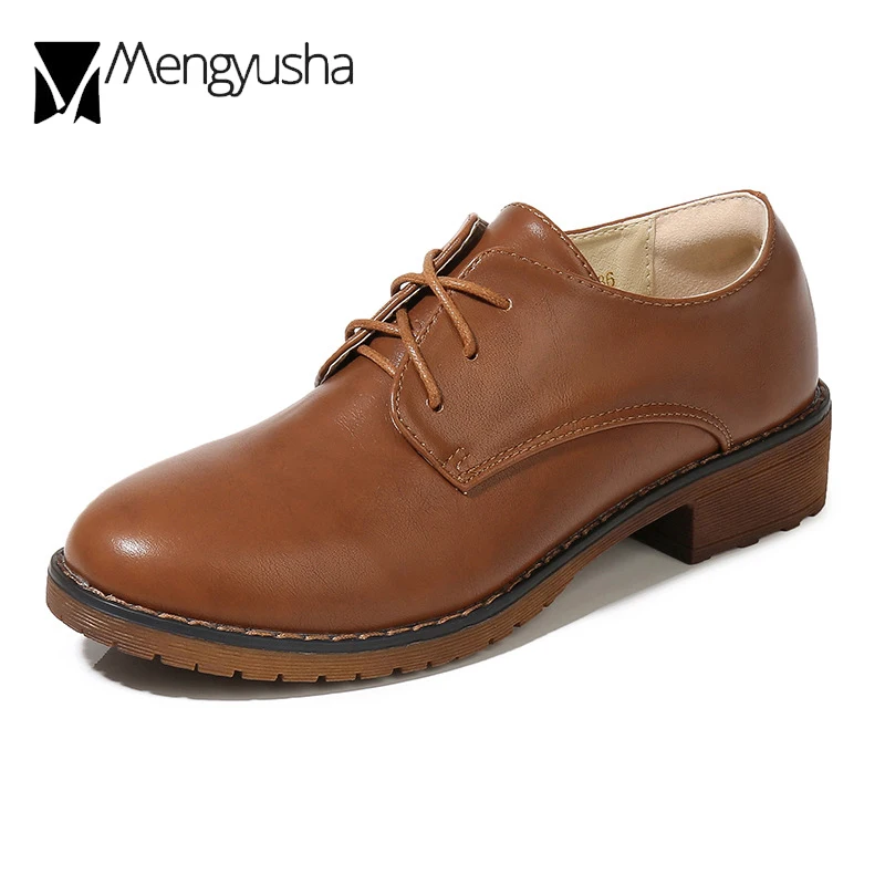 Ladies Oxford Shoes Leather Derby Rubber Flats Women Lace-Up Low Thick Heels Creepers Academic Girls Student Loafers